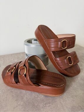 Brown Leather Double-Band Slide Sandals